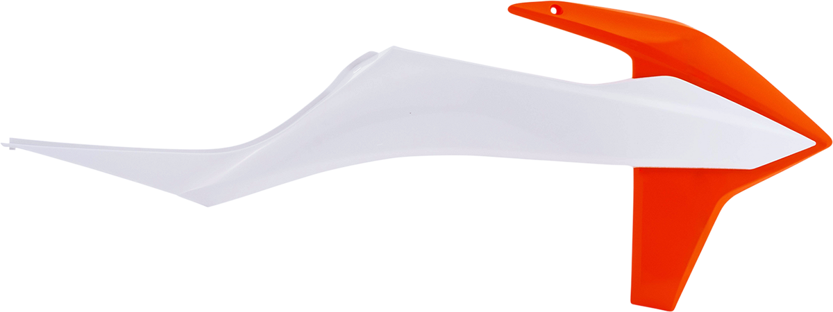 ACERBIS radiator shroud in OEM orange and white, designed for motorcycle body protection with brand details visible.
