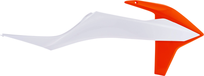 ACERBIS radiator shroud in OEM orange and white, designed for motorcycle body protection with brand details visible.