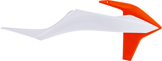ACERBIS radiator shroud in OEM orange and white, designed for motorcycle body protection with brand details visible.