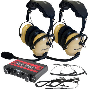 NAVATLAS 2-seat beige intercom and headset kit for vehicles, featuring Bill's Exhausts branding and compact design.