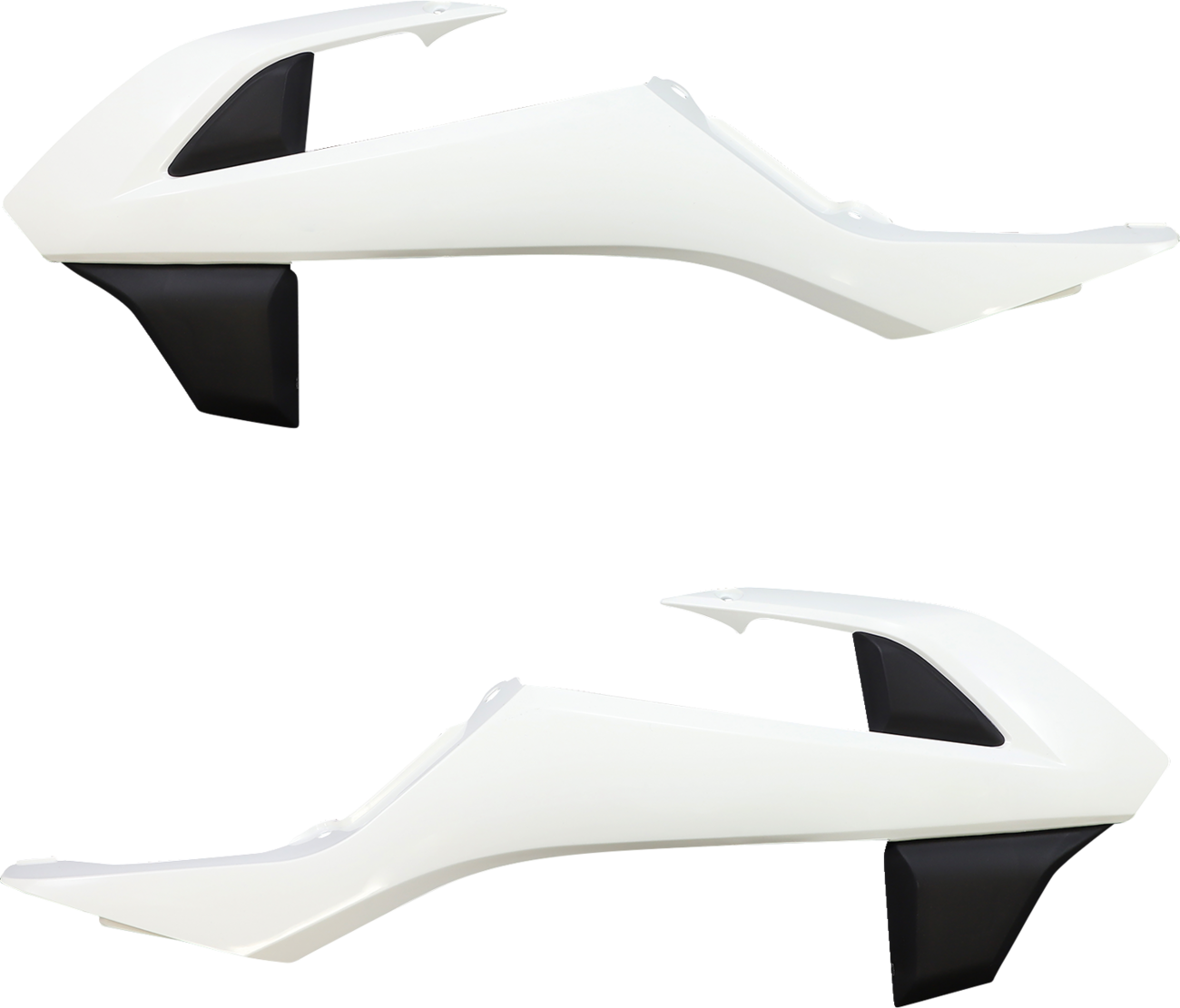 Acerbis radiator shrouds in white and black for off-road motorcycle, designed for durability and style.