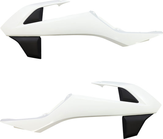 Acerbis radiator shrouds in white and black for off-road motorcycle, designed for durability and style.