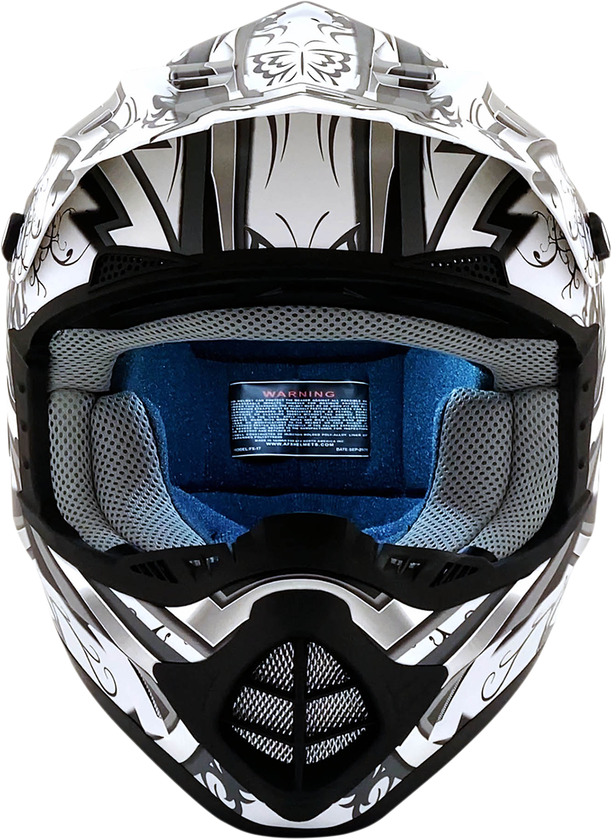 Matte white AFX FX-17 Butterfly helmet in medium size, showing sleek aerodynamic design and secure chin strap.
