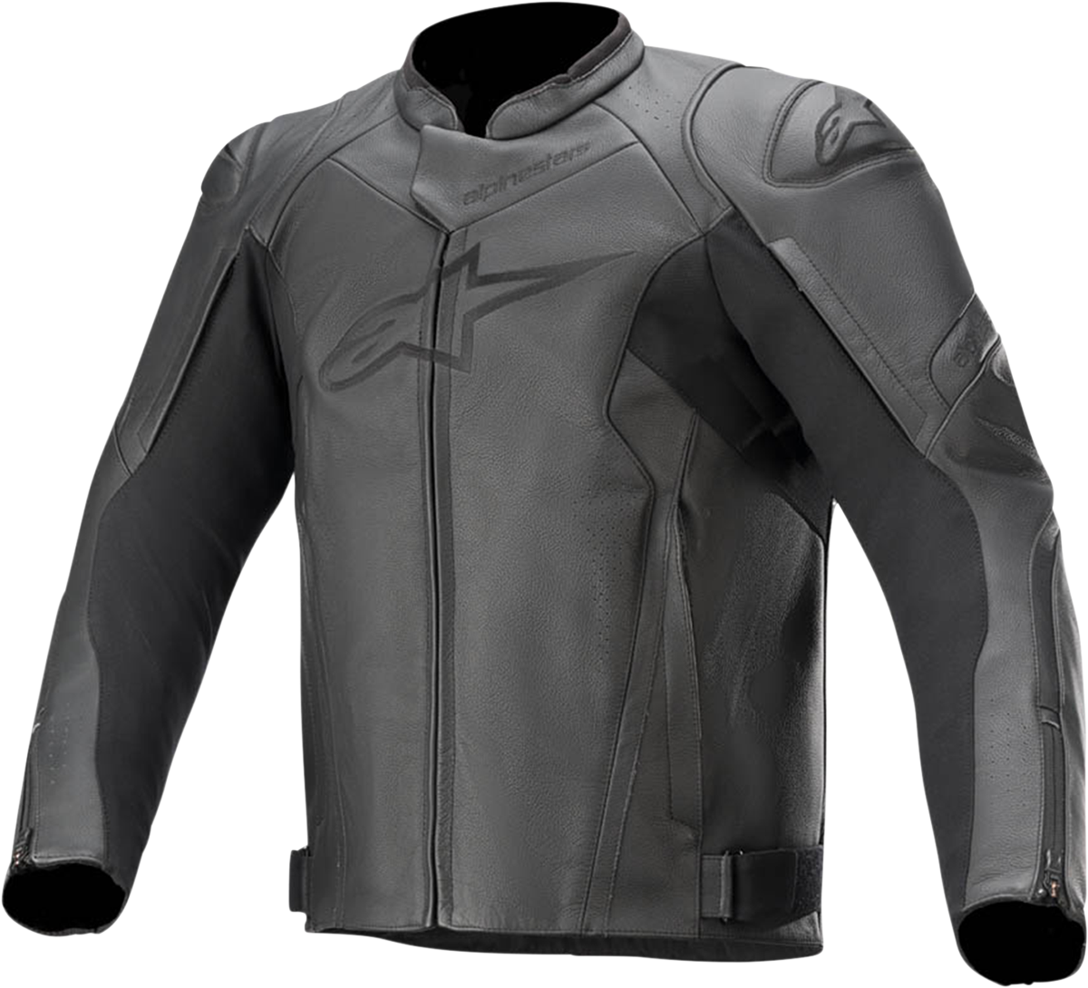 Alpinestars Faster v2 black leather motorcycle jacket, US 48 / EU 58, displayed on a hanger with detailed stitching and branding.