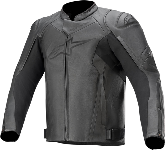 Alpinestars Faster v2 black leather motorcycle jacket with protective padding, US 38 / EU 48, featuring sleek design and logo details.