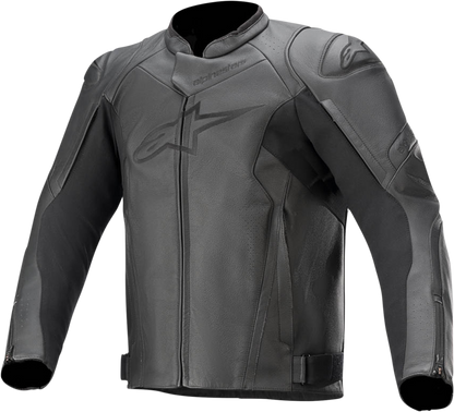 Black Alpinestars Faster v2 leather motorcycle jacket with protective armor and logo details, shown on a hanger.