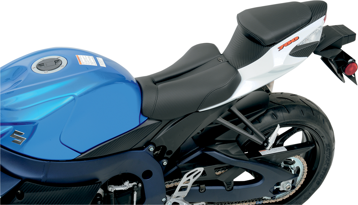 Black Saddlemens Gel Channel Track Carbon Fiber Sport Seat for GSXR 600/750 motorcycle, showing sleek carbon fiber finish and streamlined design.