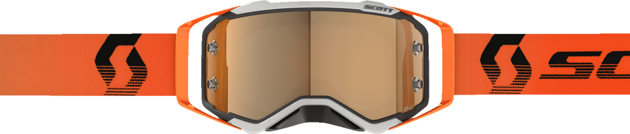 Scott Prospect Amplifier Goggle in gray and brown with gold chrome lens, featuring adjustable strap and ventilation for motorcycle riding.