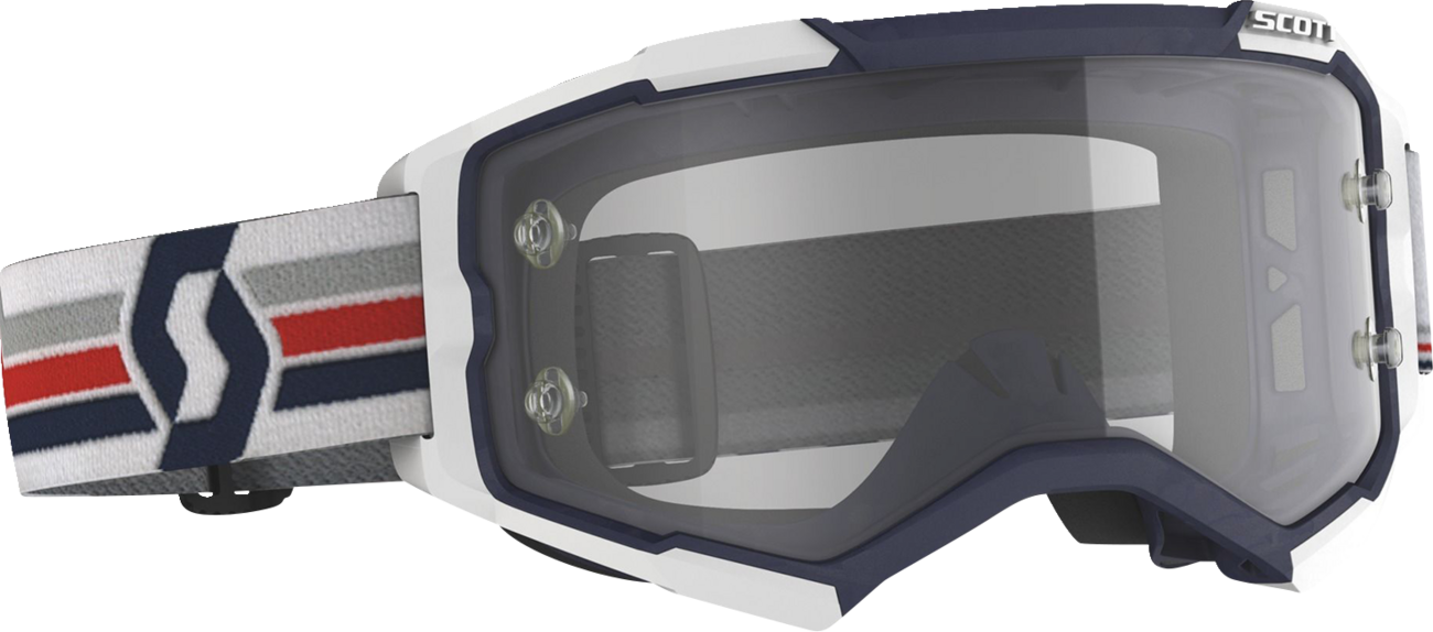 Scott Fury Goggle in blue and white with clear lens, designed for motorcycle riding, featuring adjustable strap and durable frame.