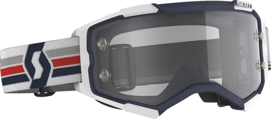 Scott Fury Goggle in blue and white with clear lens, designed for motorcycle riding, featuring adjustable strap and durable frame.