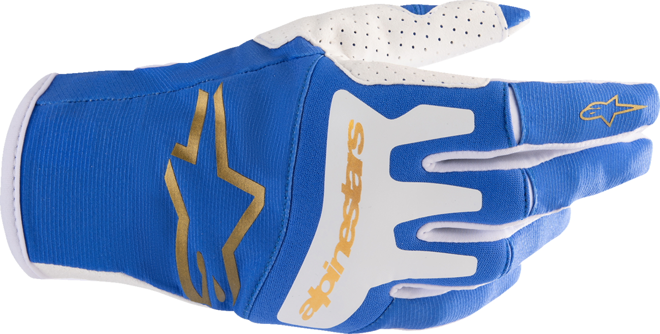 Alpinestars Techstar motorcycle gloves in UCLA Blue and Rushed Gold with small size, featuring protective knuckles and breathable material.