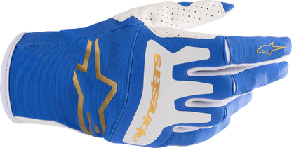 Alpinestars Techstar motorcycle gloves in UCLA Blue and Rushed Gold with small size, featuring protective knuckles and breathable material.
