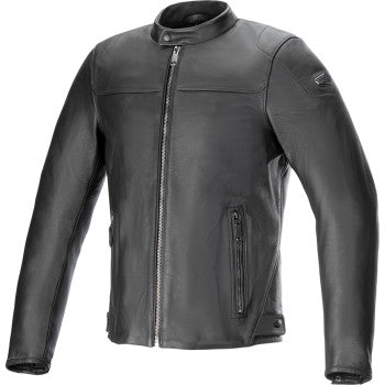 Alpinestars Blacktrack leather motorcycle jacket in black, 3XL size, featuring sleek design and durable leather construction.
