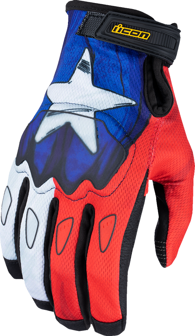 Blue ICON Hooligan CE Tejas Libre gloves by Bill's Exhausts, large size, showing the protective glove design and branding.