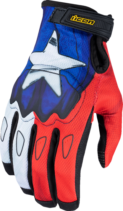 Blue ICON Hooligan CE Tejas Libre gloves by Bill's Exhausts, large size, showing the protective glove design and branding.