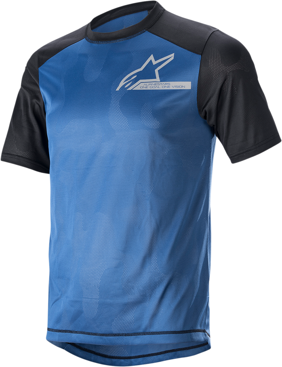 Alpinestars Alps 4.0 V2 short-sleeve motorcycle jersey in blue, black, and silver, size medium, featuring breathable fabric and stylish design.