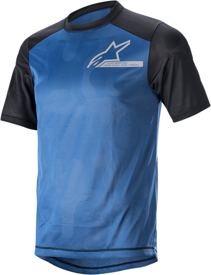 Alpinestars Alps 4.0 V2 short-sleeve motorcycle jersey in blue, black, and silver, size medium, featuring breathable fabric and stylish design.