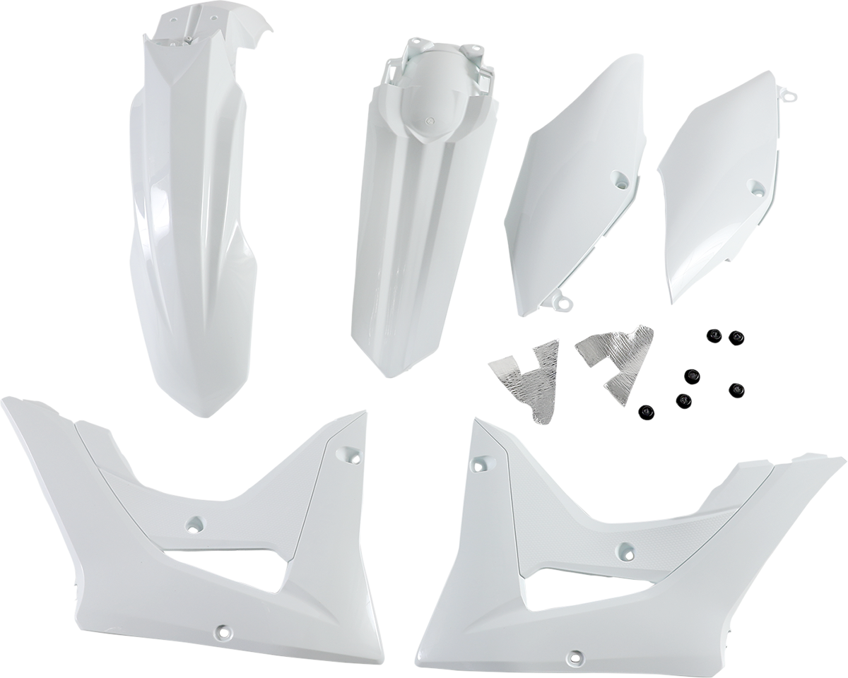 A white Acerbis standard replacement motorcycle body kit with panels and parts, designed for easy installation and durable fit.