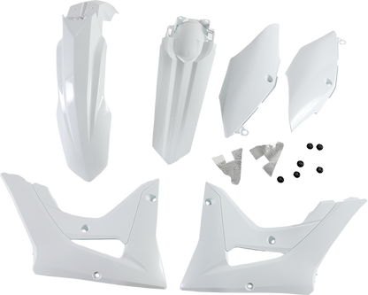 A white Acerbis standard replacement motorcycle body kit with panels and parts, designed for easy installation and durable fit.