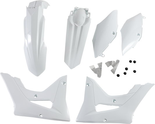 A white Acerbis standard replacement motorcycle body kit with panels and parts, designed for easy installation and durable fit.