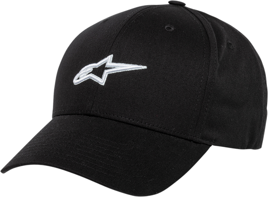 Black AlpinesStars Alpha Hat with adjustable strap, featuring the brand logo, designed for casual and sporty wear.