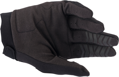 Alpinestars Youth Full Bore Black Gloves in large size, showing the durable motorcycle glove design with padding and branding details.
