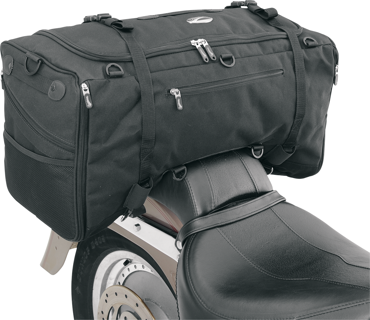 Bill's Exhausts SADDLEMEN TS3200 Deluxe Sport Tail Bag mounted on motorcycle seat, showcasing durable storage for sport bike riders.