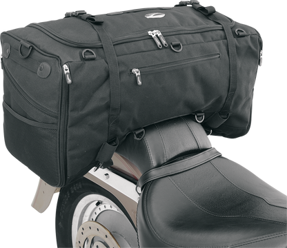 Bill's Exhausts SADDLEMEN TS3200 Deluxe Sport Tail Bag mounted on motorcycle seat, showcasing durable storage for sport bike riders.