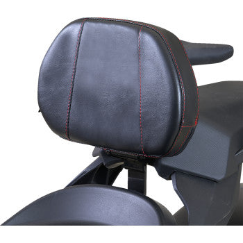 Bill's Exhausts SHOW CHROME Grande Backrest for Ryker, driver version with red stitching and chrome finish, shown installed on vehicle.