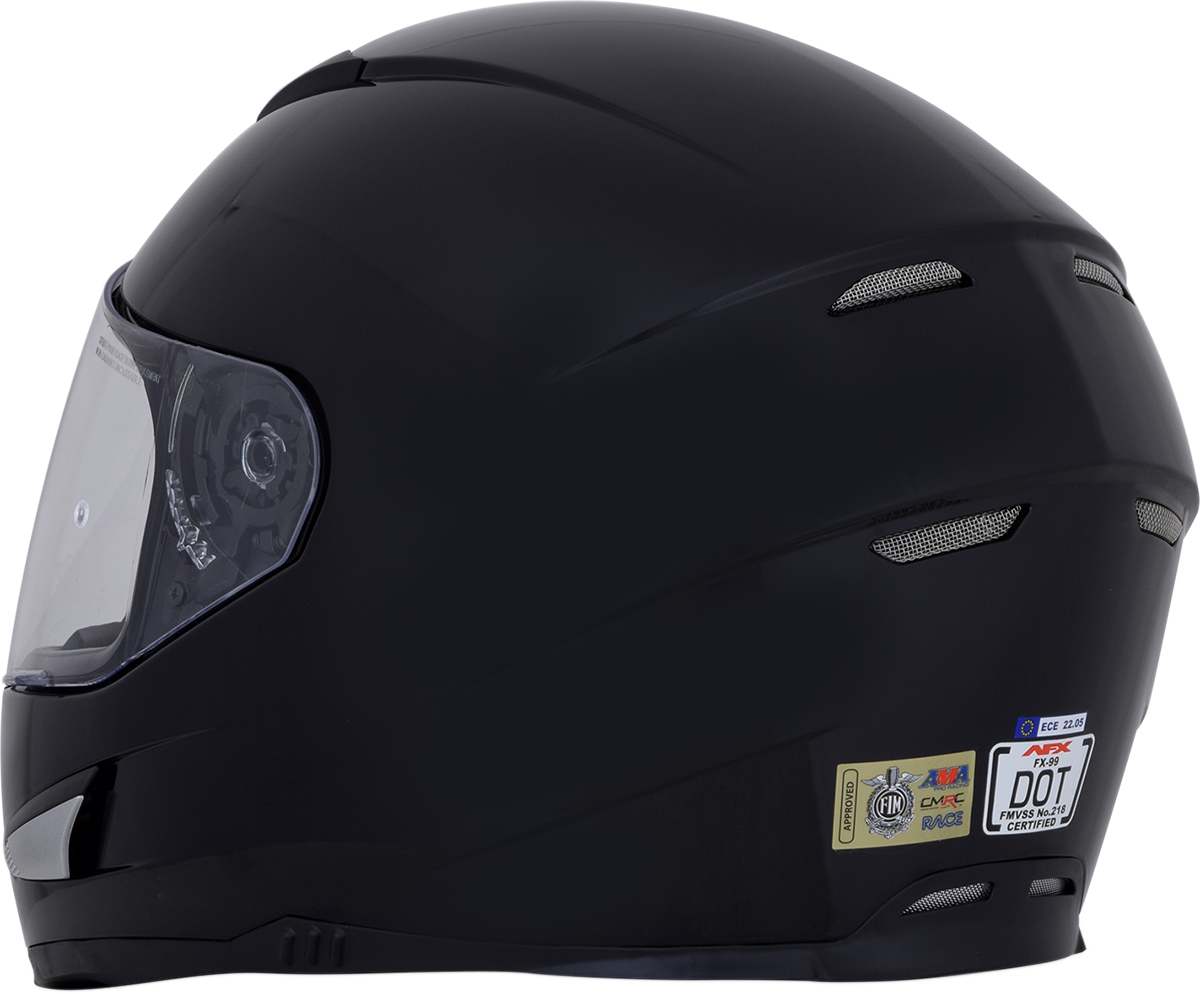 Black AFX FX-99 helmet in XS size, featuring a sleek design and secure fit, shown from a side view.