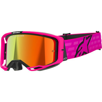 Alpinestars Vision 8 goggles with pink frame and red mirror lens, designed for motocross and off-road riding.