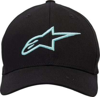 Black and light aqua Ageless Curve hat by Alpinestars in size L/XL, featuring a stylish design and curved brim.