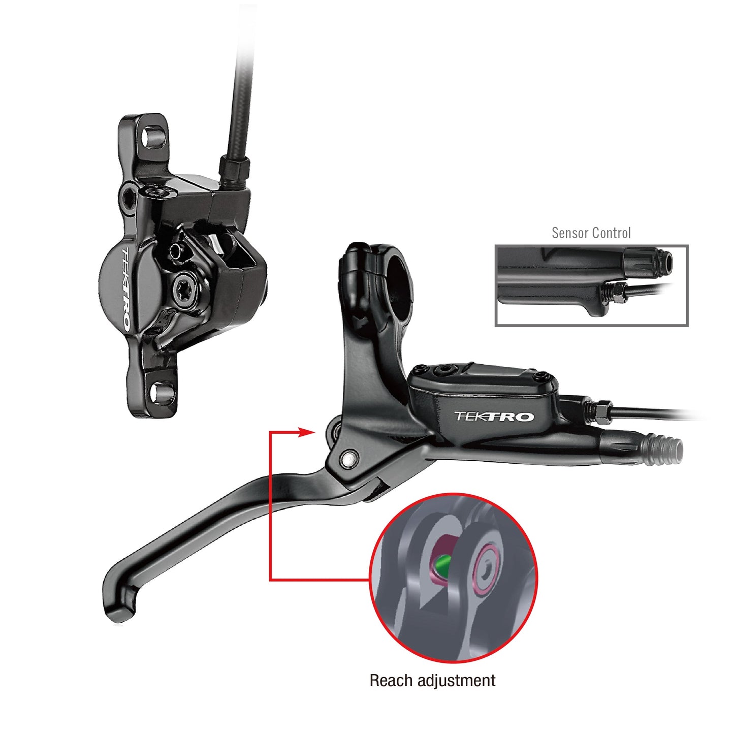 Hycline Tektro HD-E350 hydraulic disc brake set for electric bikes with front and rear brakes, rotors, and IS adapter installed.