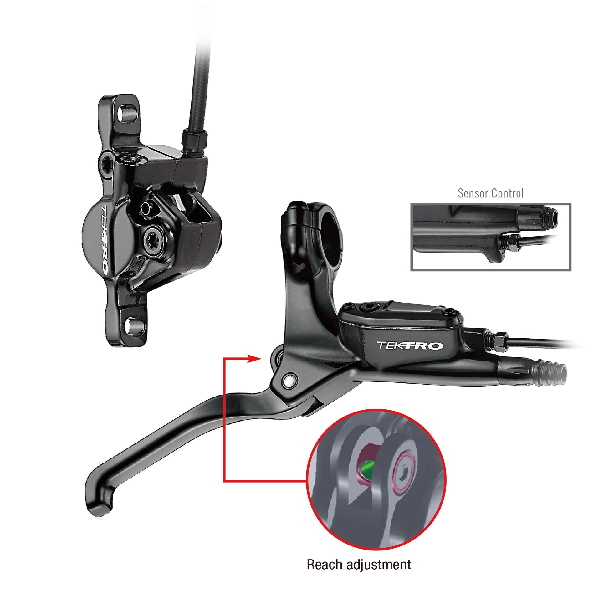 Hycline Tektro HD-E350 hydraulic disc brake set for electric bikes with front and rear brakes, rotors, and IS adapter installed.