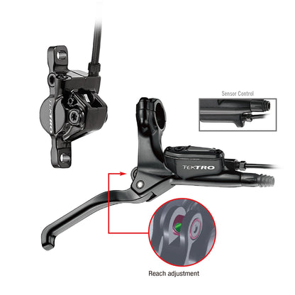 Hycline Tektro HD-E350 hydraulic disc brake set for electric bikes with front and rear brakes, rotors, and IS adapter installed.