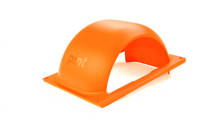 Onewheel Pint Fender in bright orange color, durable plastic shield mounted on the electric skateboard for protection.