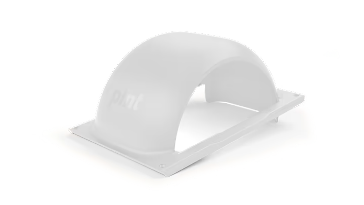 White Onewheel Pint Fender attached to the wheel, showcasing its sleek protective design for the electric skateboard.