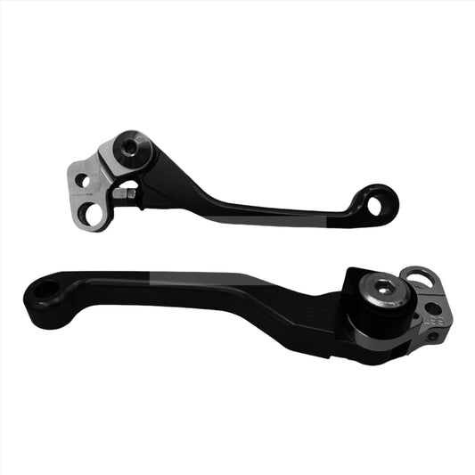 Black folding aluminum brake lever set for Surron LBX and Talaria Sting by eDirtyBike, designed for durable, easy handling.