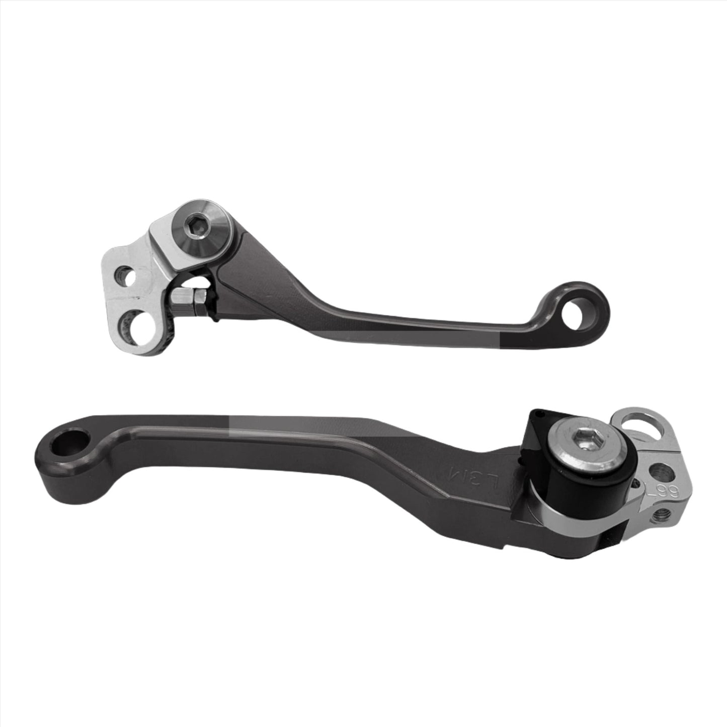 Graphite folding aluminum brake lever set for Surron LBX and Talaria Sting by eDirtyBike, designed for easy riding and durability.