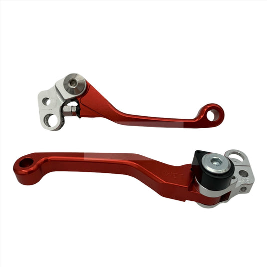 Red folding aluminum brake lever set for Surron LBX and Talaria Sting, designed for easy folding and durable performance by eDirtyBike.