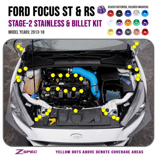 ZSPEC Stage-2 Dress Up Bolts® Fastener Kit for Ford Focus RS & ST, Stainless & Billet - Howling Moto