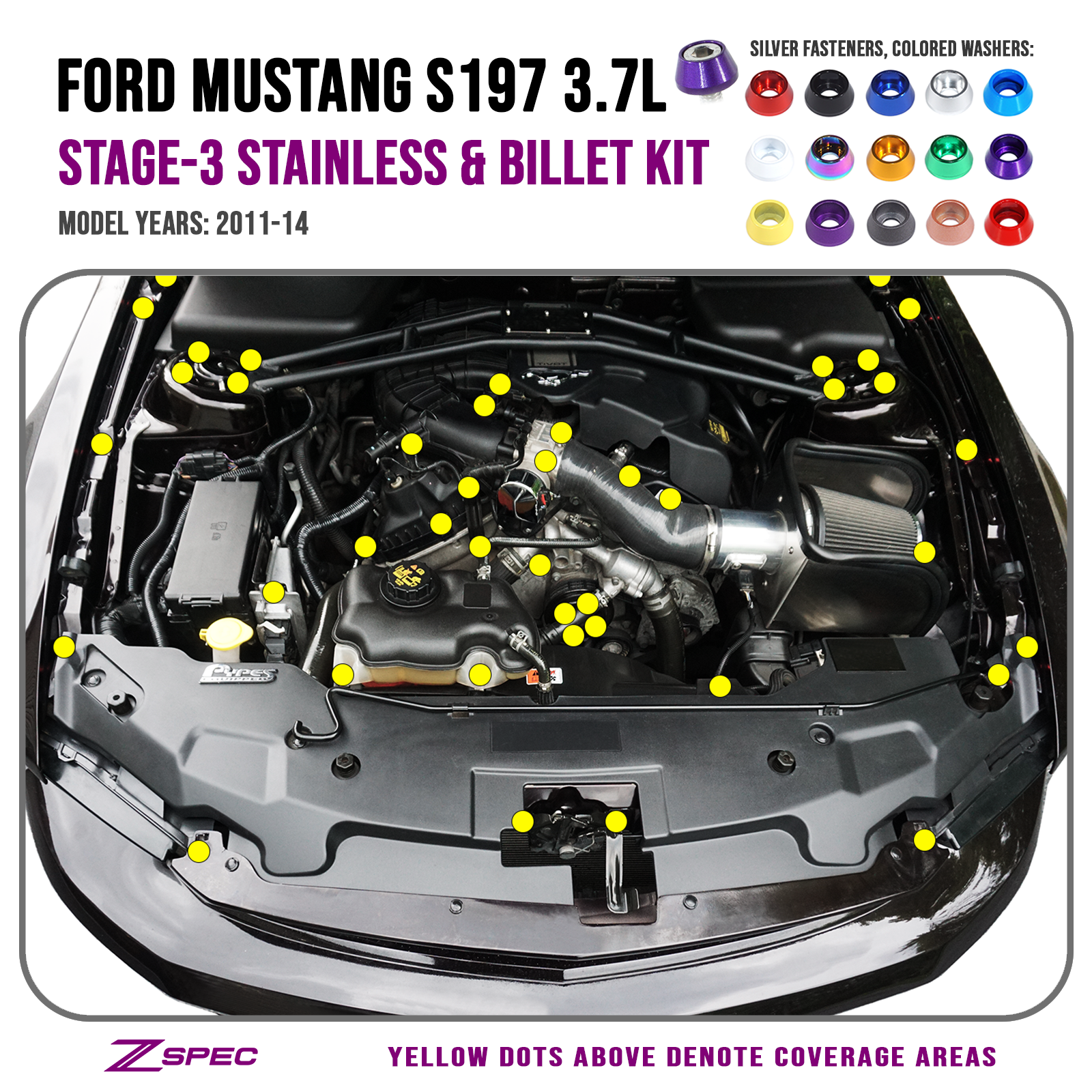 ZSPEC Stage-3 Dress Up Bolts® Fastener Kit for 11-14 Ford Mustang 3.7L S197, Stainless & Billet - Howling Moto