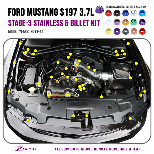 ZSPEC Stage-3 Dress Up Bolts® Fastener Kit for 11-14 Ford Mustang 3.7L S197, Stainless & Billet - Howling Moto