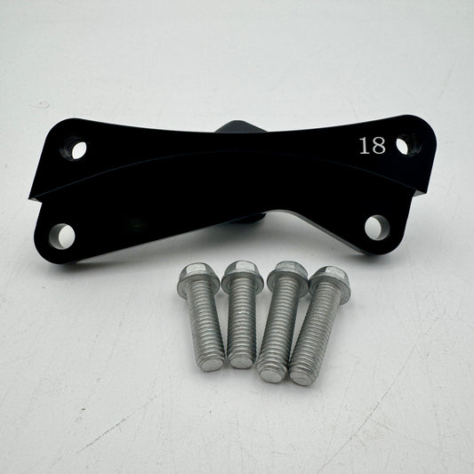 Warp9Racing Bracket 18 KX in metallic finish, showcasing its sturdy construction and precise machining for automotive use.