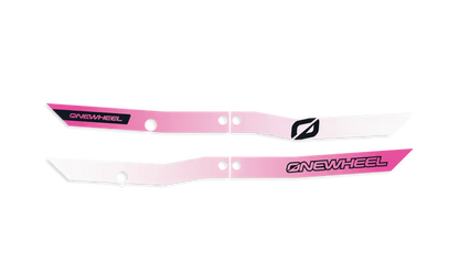 Onewheel XR Classic FuschiaFade Recurve Rail Guards installed on electric skateboard for added protection and style.
