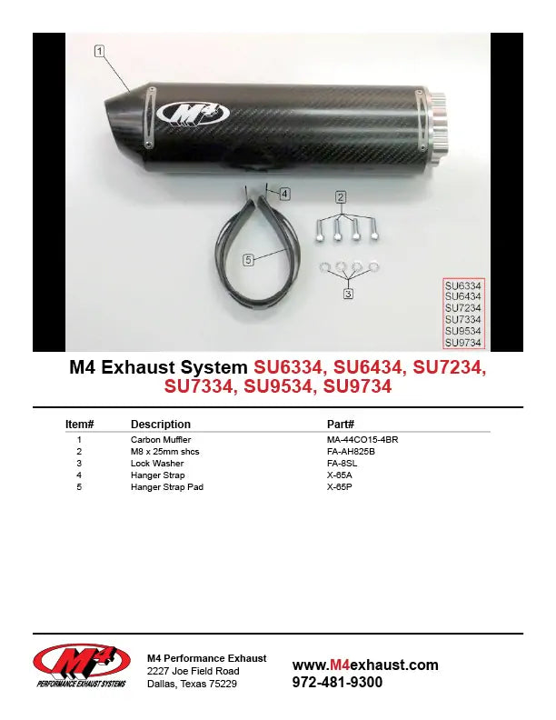 In-stock M4 carbon fiber bolt-on exhaust for 2001-2003 Suzuki GSXR 600, featuring sleek carbon fiber finish and exhaust pipe details.