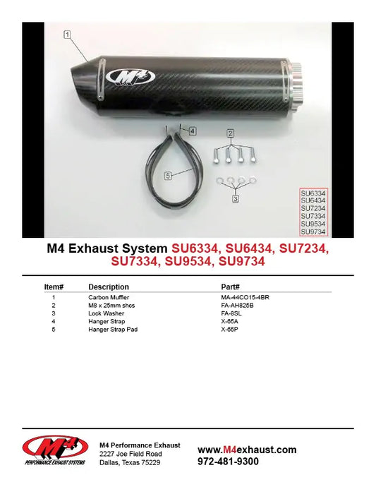 In-stock M4 carbon fiber bolt-on exhaust for 2001-2003 Suzuki GSXR 600, featuring sleek carbon fiber finish and exhaust pipe details.