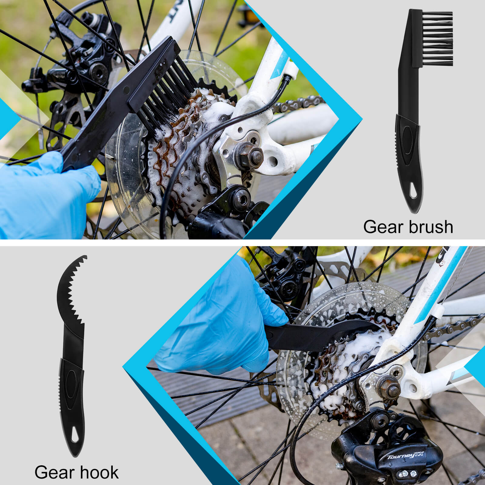 Hycline bicycle chain cleaning kit with a gear brush hooked for easy cleaning of bicycle chains.