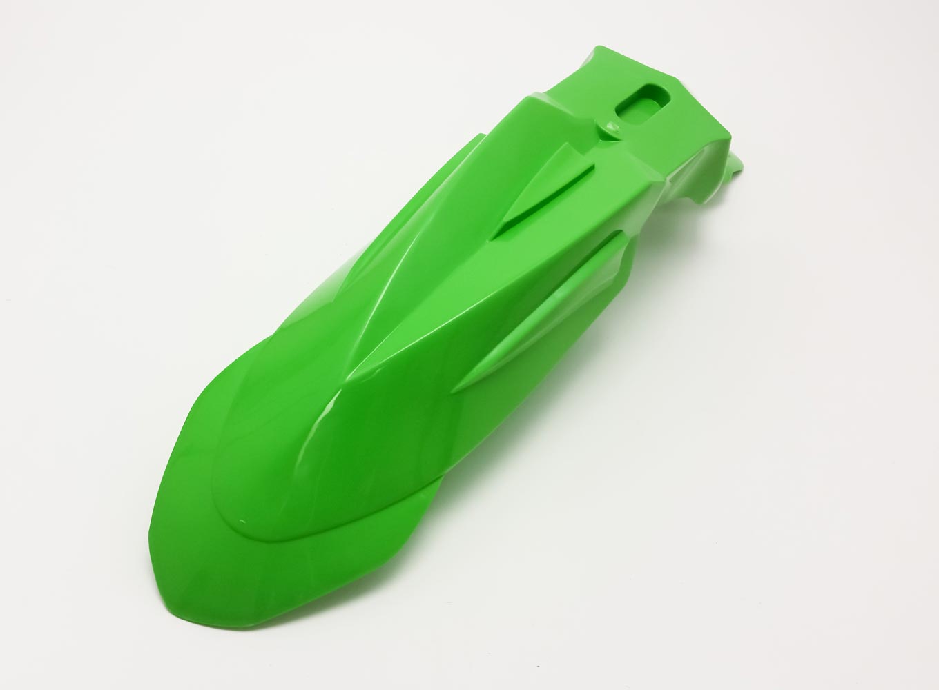 Green Warp 9 SuperMoto front fender for MX to SM conversion, showcasing slim design and durable body plastics for motocross bikes.