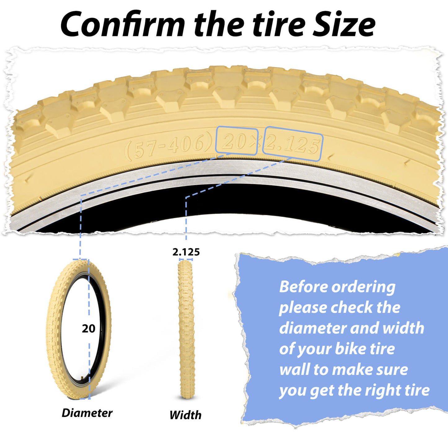 Hycline Bowlite beige and white wall bicycle tires, 16 and 20 inches, with 2.125-inch width, mounted on a bicycle wheel.